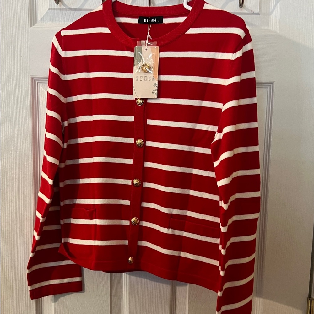 Red and White Striped Women Sweater‎